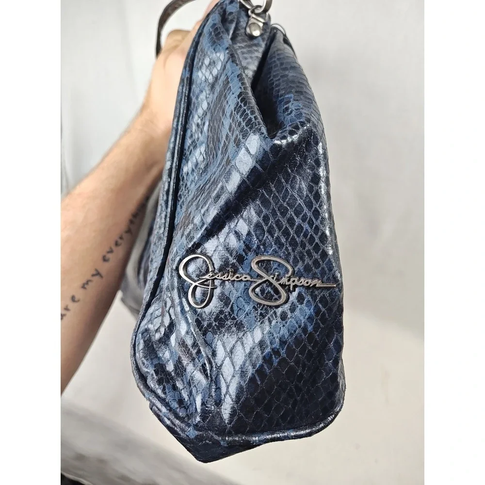 Jessica Simpson Runway Bow Dark Denim Python Faux Leather Satchel Shoulder Bag